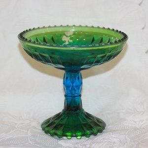 Vintage Reverse Glass Painted Blue & Green Compote Bowl